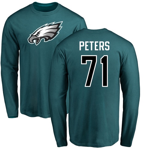 Men Philadelphia Eagles #71 Jason Peters Green Name and Number Logo Long Sleeve NFL T Shirt